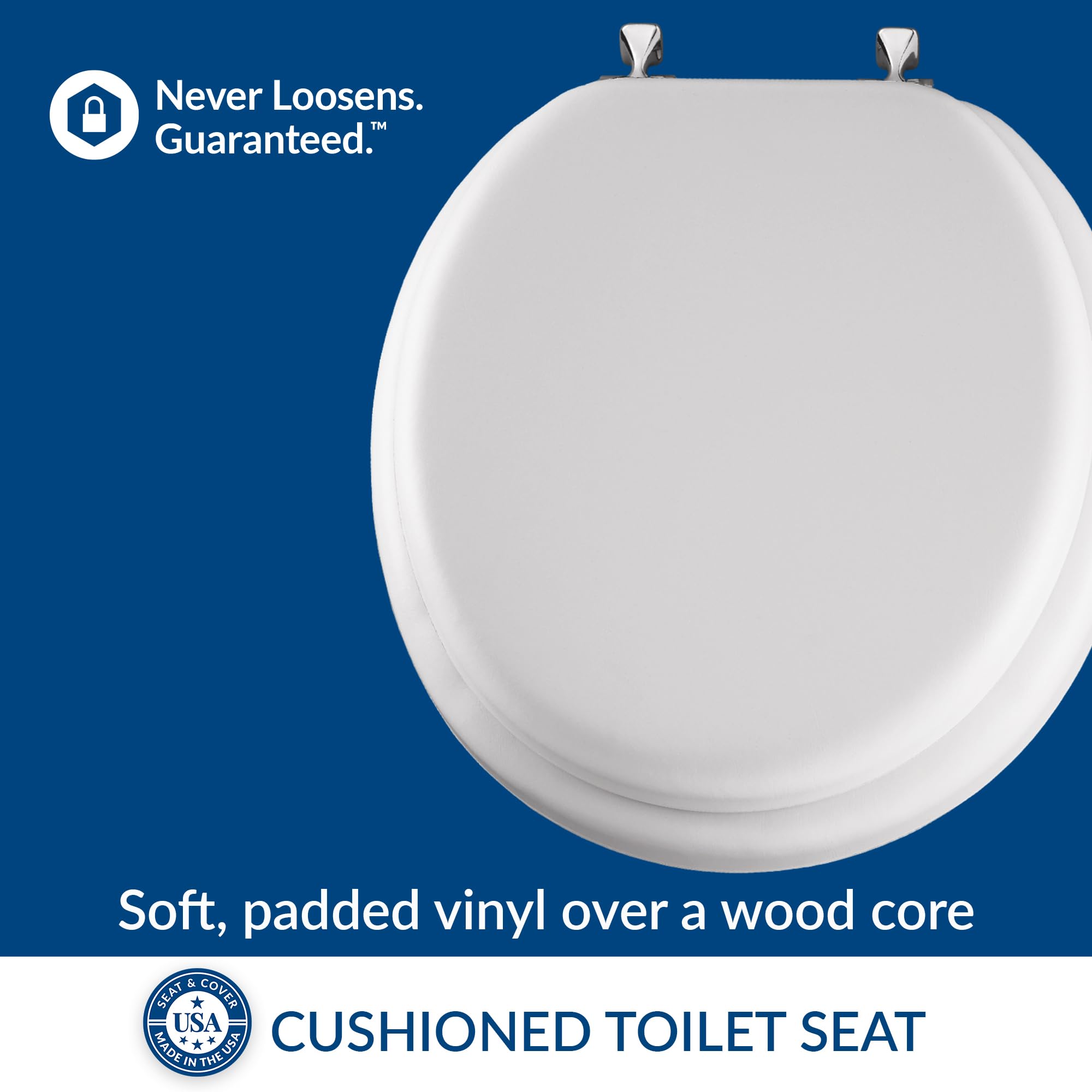 Mayfair Padded Toilet Seat with Chrome Hinges, Soft Vinyl over Wood Core Seat, Made in USA, Round, White