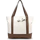 TOPDesign Stylish Canvas Tote Bag with an External Pocket, Top Zipper Closure, Daily Essentials (Brown/Natural)