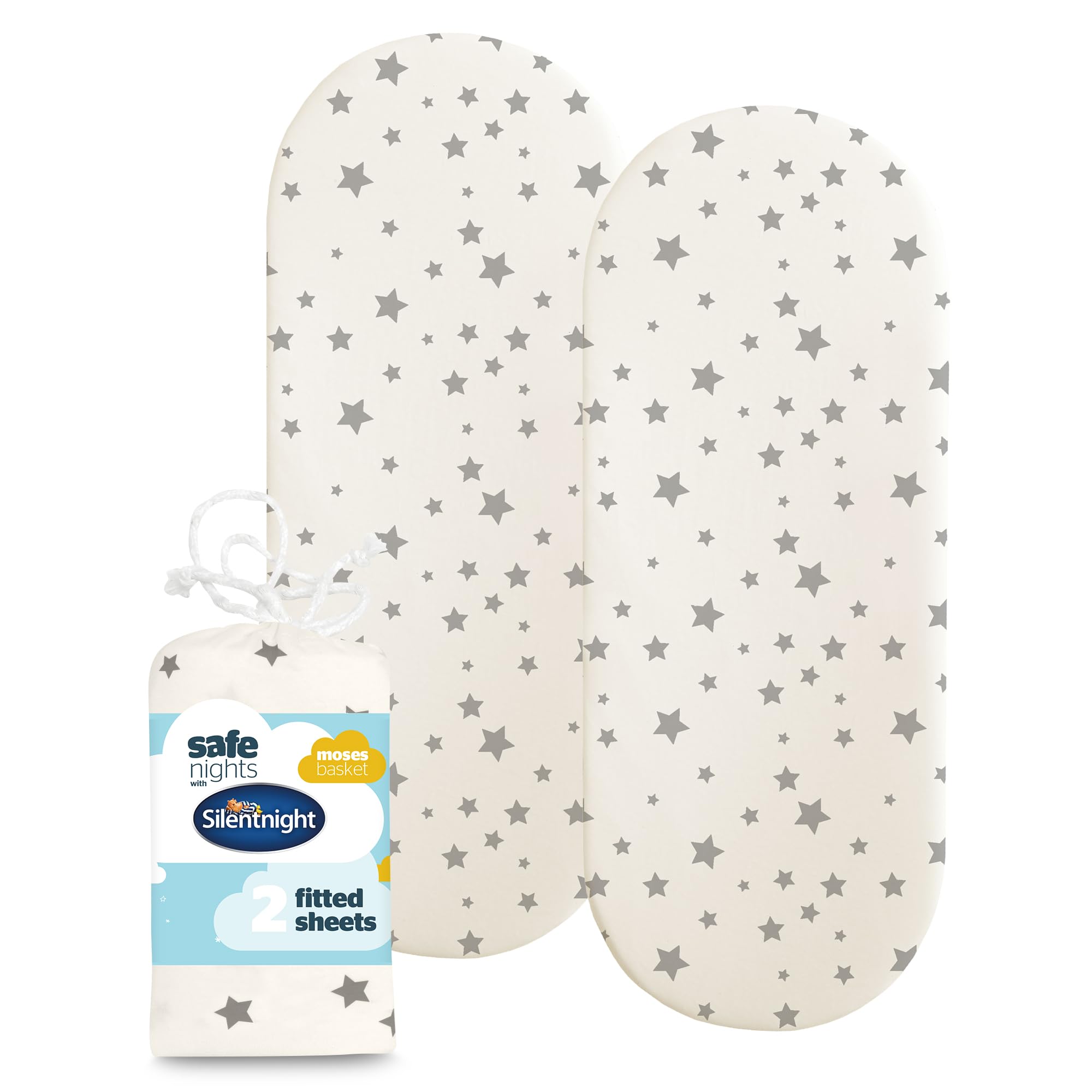Silentnight Safe Nights Fitted Sheet - Moses Basket Mattress - Breathable 100% Cotton Jersey - Super Soft Kind to Baby Skin - 74x27cm - Secure Fit with Elasticated Corners - 2 Pack, Grey Stars