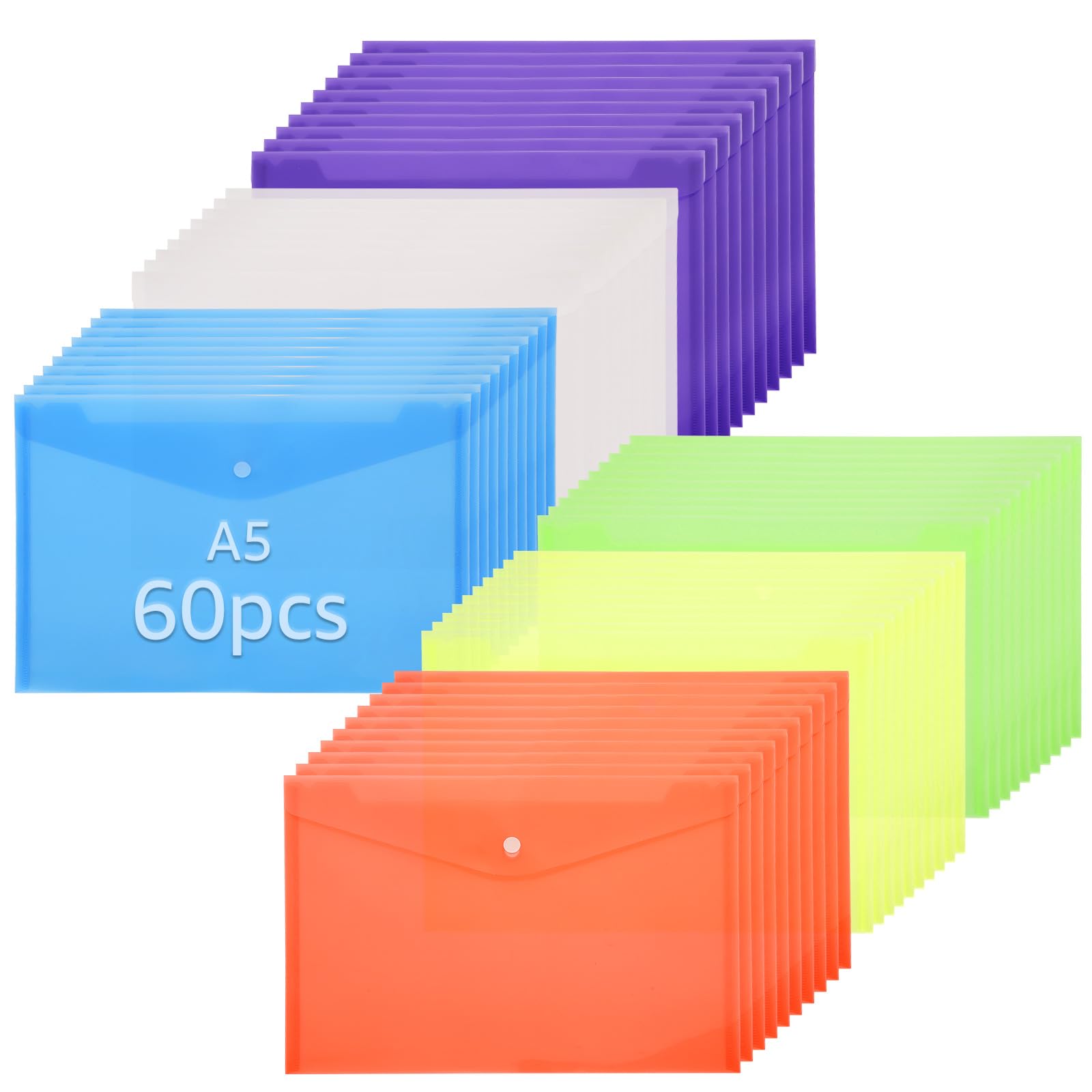 YAYODS 60 Pack Plastic Wallets with Popper, Assorted Colours A5 Document Holders
