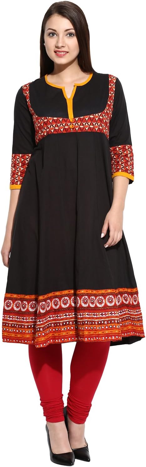 Evam Black Placement Print Cotton-Cambric Long Kurta