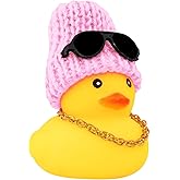 wonuu Car Rubber Duck, Yellow Duck Decoration Dashboard with Sun Hat Necklace Sunglasses for Car Dashboard Decorations, B-Duck-Pink Knit hat