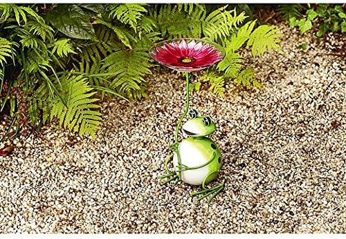 16" Metal Frog Garden Statue with Glass Pink Daisy Birdbath