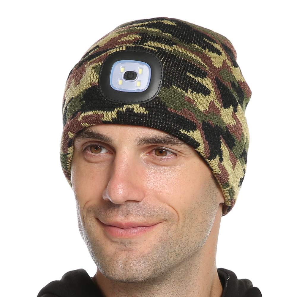Attikee LED Lighted Beanie Cap for Adults, USB Rechargeable 4 LED Headlamp Hat, Unisex Winter Knit Hat Torch for Running Cycling Camping, Christmas Tech Gifts for Men Dad Women Teens