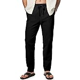 JMIERR Mens Cotton Pants Casual Elastic Waist Drawstring Lightweight Summer Beach Trousers with Pockets