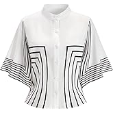 winkbay Women's Striped Button Down Shirts Summer Mock Neck Half Sleeve Dressy Blouses Business Casual Tops