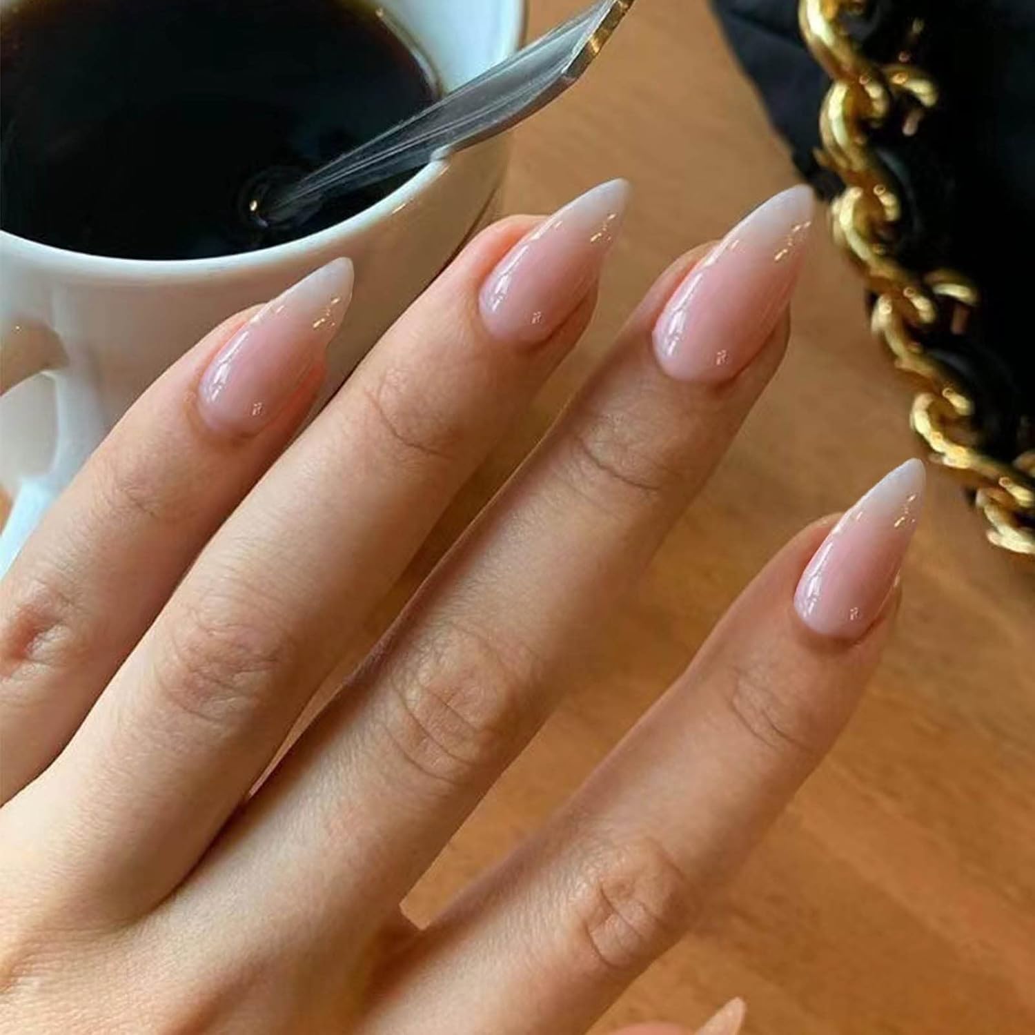 Photo 1 of Hkanlre Bling Coffin Press on Nails Fake Nails Tips Full Cover Medium False Gradient Nails for Women and Girls 24PCS (Nude almond)