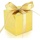 KPOSIYA 100 Pack Favor Boxes 2x2x2 inch Candy Boxes Gold Gift Boxes with Ribbons for Wedding Baby Shower Decorations Birthday Party Supplies