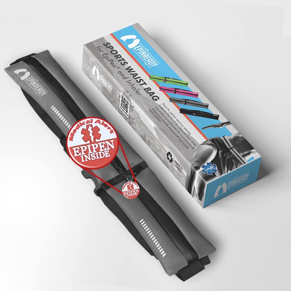 EpiPen Waist Belt with Medical Alert Tag, EpiPen Fanny Pack, Sports Outdoors Epipen Case for Walking or Running - Fits EpiPen and a M.D.I. Inhaler (Steel Gray)