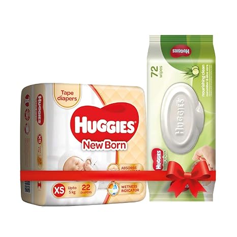 Huggies New Born Taped Diapers (22 Counts) & Huggies Cucumber and Aloe Vera Baby Wipes (72 Count)