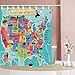 NYMB Kids Map of The United States Bath Curtain, Cartoon Fun Facts Geography USA Map, Polyester Fabric Waterproof Shower Curtain for Bathroom, Shower Curtains Hooks Included, Turquoise Red (69X70in)