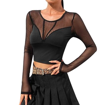 Beaulies Patchwork Women Navel Mesh Perspective Patchwork Casual Crop Top Sexy Long Sleeve Short Shirt