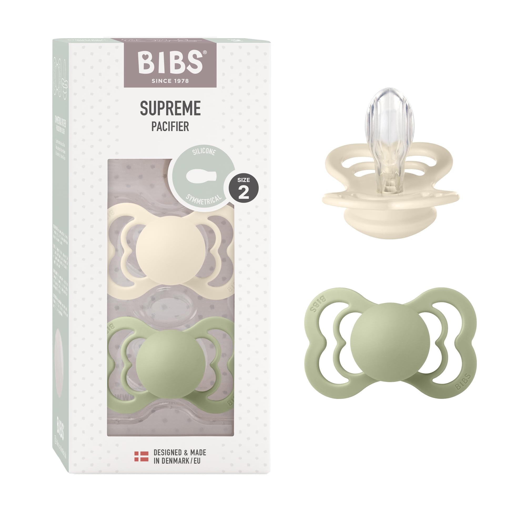 BIBS Supreme Dummies 2-Pack, BPA Free Dummy Pacifier, Silicone Symmetrical Nipple Soother, Size 2 (6-18 Months), Ivory/Sage