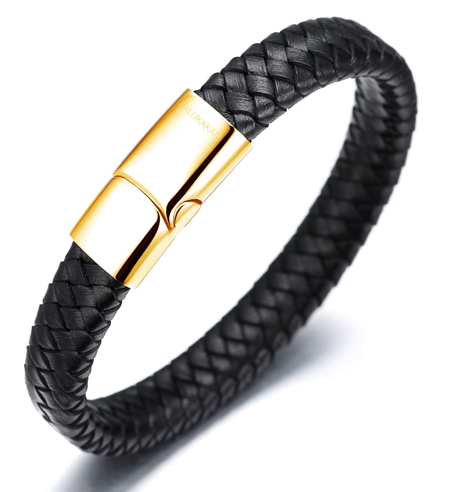 HALUKAKAH Kids ● Solo Junior ● Boy's Genuine Leather Bracelet Classic Black 6-12 Y/O. Golden Titanium Magnetic Clasp 7"/18cm with Free Giftbox