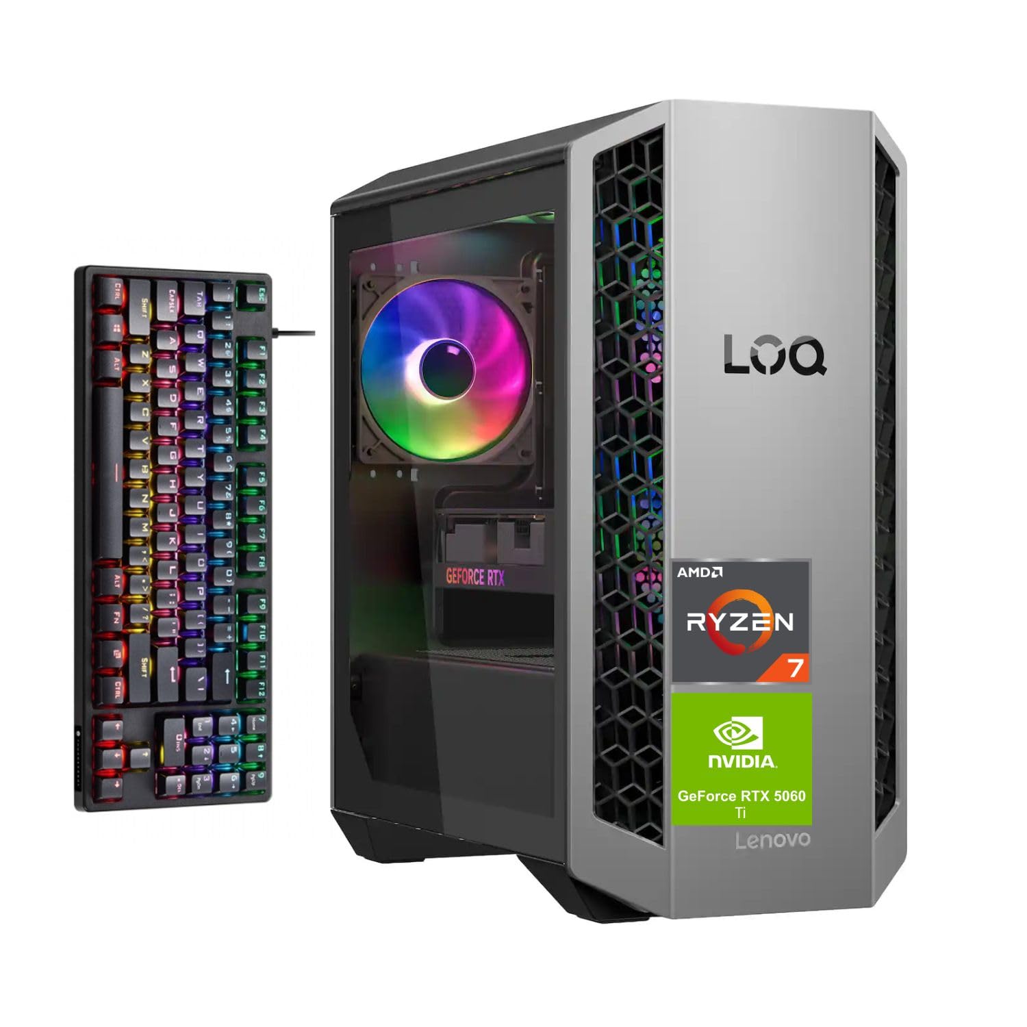 Lenovo LOQ RTX 5060 Ti Gaming Desktop, AMD Ryzen 7 8745HX, 32GB DDR5 RAM, 2TB SSD, DP, RJ-45, Wired KB & Mouse, Bundle with Thunderobot KG3089R Gaming Keyboard, Silver, Windows 11 Home