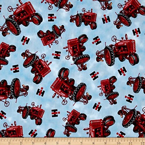 On The Farm Tossed Tractors Blue Fabric By The Yard