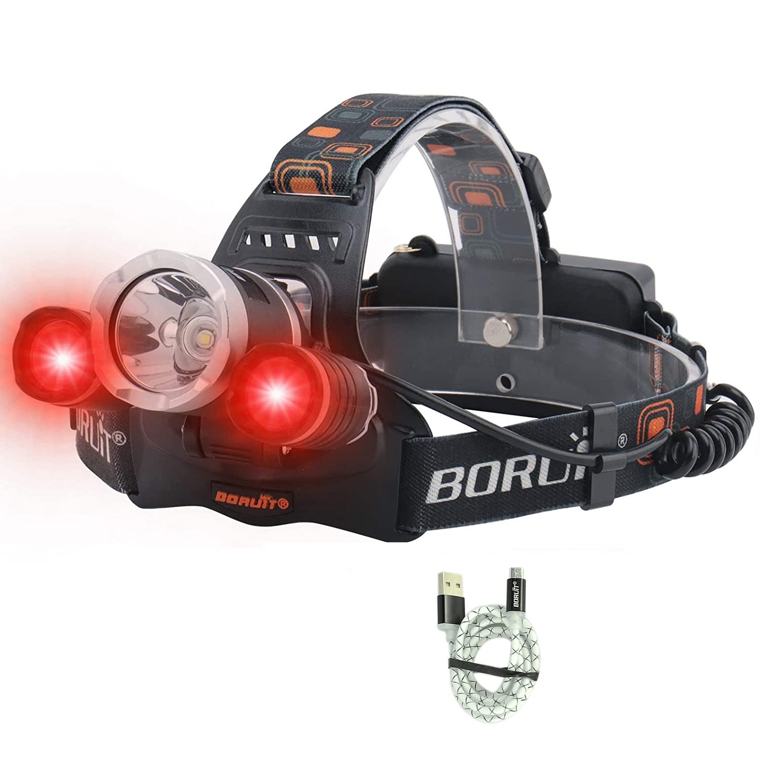 BORUIT LED Headlamp - Ultra Bright 5000 Lumens, 3 Lighting Modes, White & Red Hunting Headlamps, IPX5 Waterproof, USB Rechargeable Head Lamp Perfect for Beekeeping, Fishing, Camping, Hiking