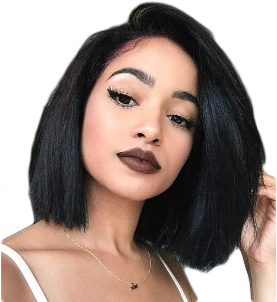 Maycaur Black Straight Short Bob Hair Wigs For Black Women Synthetic Lace Front Wigs Yaki Bob Wigs with Baby Hair 180% Density
