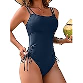 Charmo Ribbed One Piece Swimsuit Women High Cut Bathing Suit Tie Side Spaghetti Strap Modest Monikini Swimwear