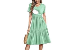 PARNIXS Women's Summer Nursing Dress Short Sleeve Maternity Knee Length Breastfeeding Dress