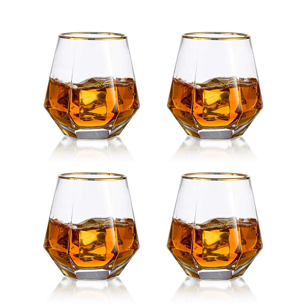 Diamond Whiskey Glasses Set of 4 Water Juice Tumbler Tilted Scotch Glass 300ml Whisky Glass Modern Look Glassware for Bourbon/Rum/Bar Tumbler
