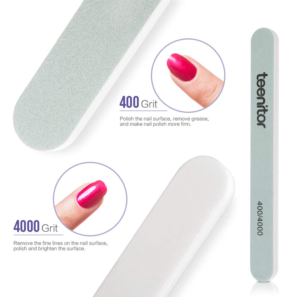 Teenitor Nail Polish Gel Remover Tools Kit with Nail Clips Nail Remover Pads Cuticle Pusher Nail Brushes Nail File Grits 120/180 Buffer Block Grits 400/4000, 6 Pack : Beauty