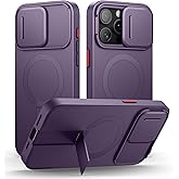 SURITCH for iPhone 15 Pro Max Case with Magnetic Camera Slide Cover and Adjustable Kickstand, Compatible with MagSafe, Shockproof Bumper Case Slim Protective Cover 6.7 Inch, Dark Purple