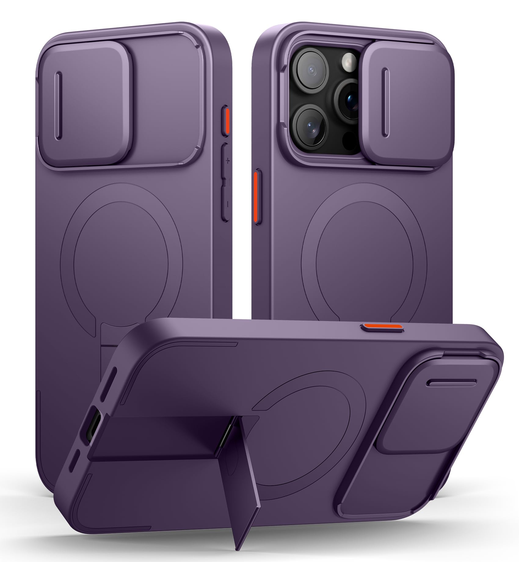 Photo 1 of SURITCH for iPhone 15 Pro Max Case with Magnetic Camera Slide Cover and Adjustable Kickstand, Compatible with MagSafe, Shockproof Bumper Case Slim Protective Cover 6.7 Inch, Dark Purple