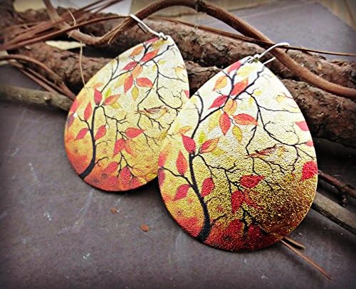 Fall leaves. Brown and amber color teardrop metal fall scene, sterling silver earrings. Handmade jewelry, jewellery