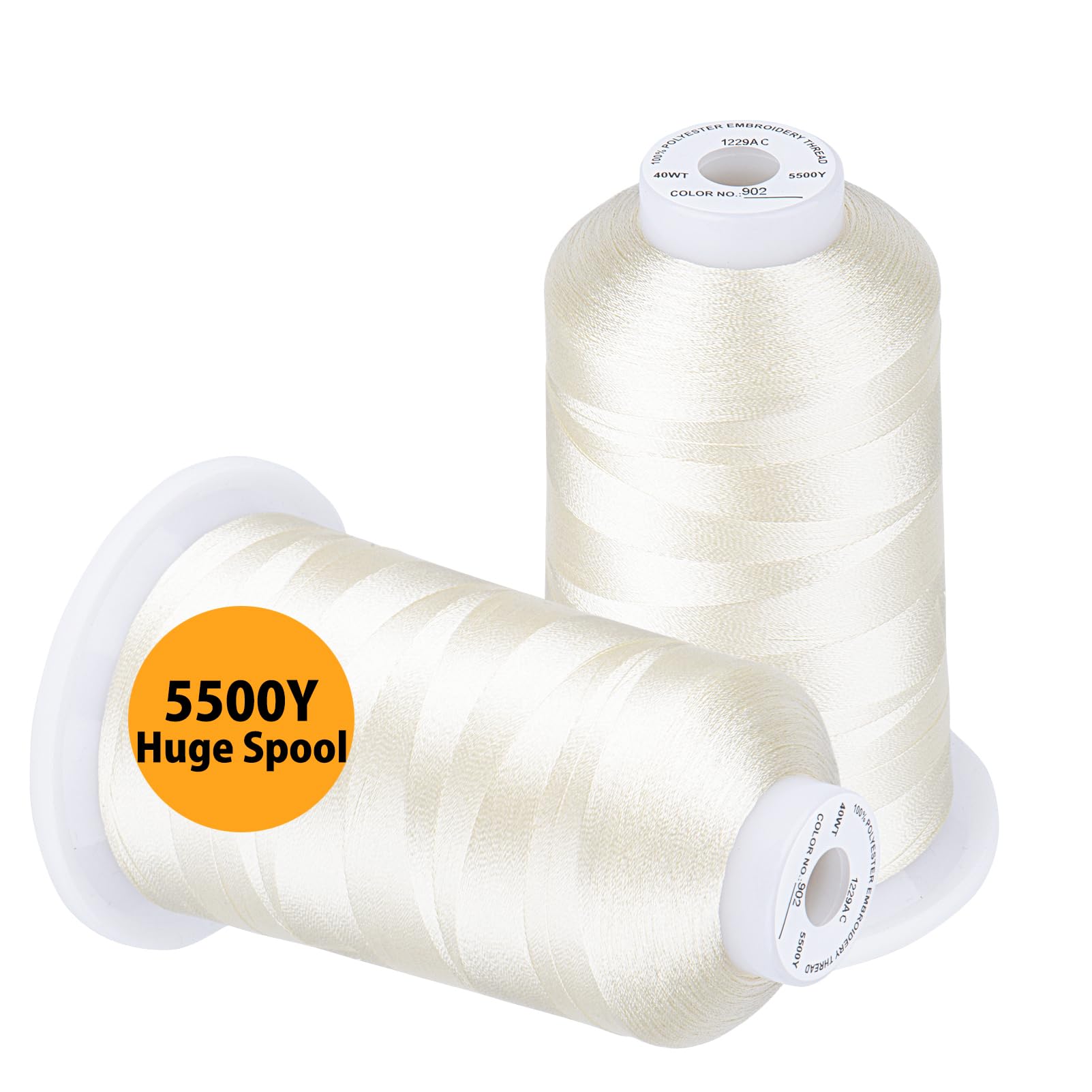 Photo 1 of Simthread Embroidery Thread 5500 Yards Ivory 902, 2 Huge Spools 40wt Polyester for Brother, Babylock, Janome, Singer, Pfaff, Husqvarna, Bernina Machine