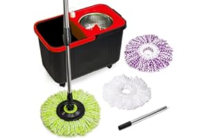 SIMPLI-MAGIC 360° Spin Mop and Bucket with Wringer – 3 High-Absorbent Microfiber Washable Heads, Soap Dispenser – Spinning Mop and Bucket Set for All Types Floor Cleaning