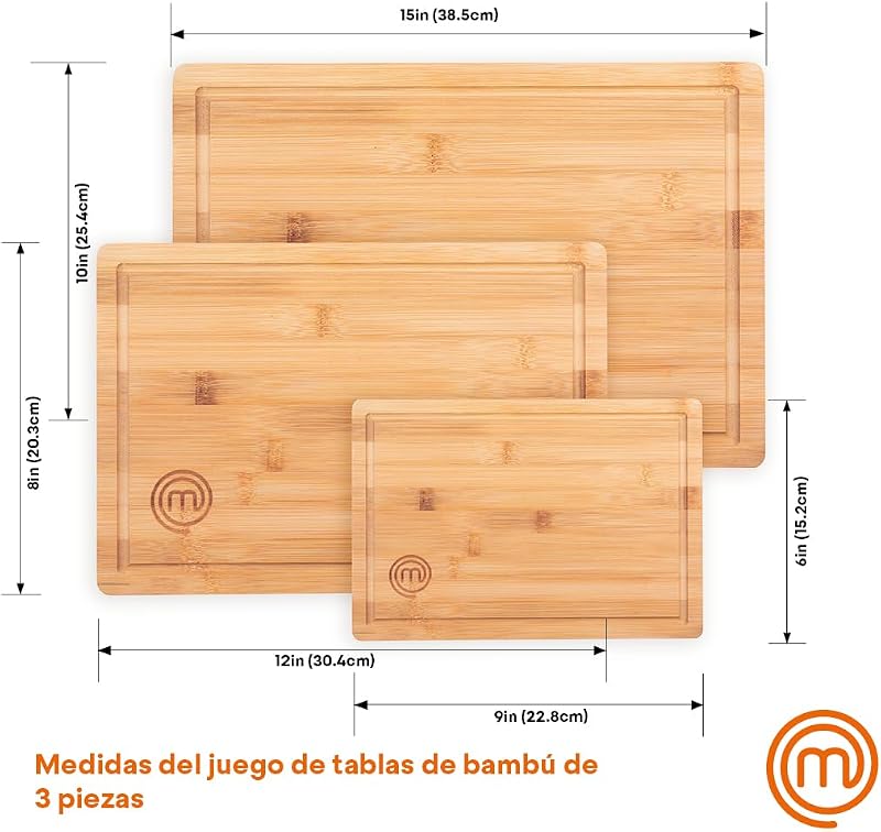 Tábuas de cortar MasterChef Kitchen, conjunto de 3 peças de tábua de bambu - 38x27,5 cm / 34x23,5 cm / 23x15 cm, ideais para cortar pão, fiambre, legumes e queijos, com slot para sumo