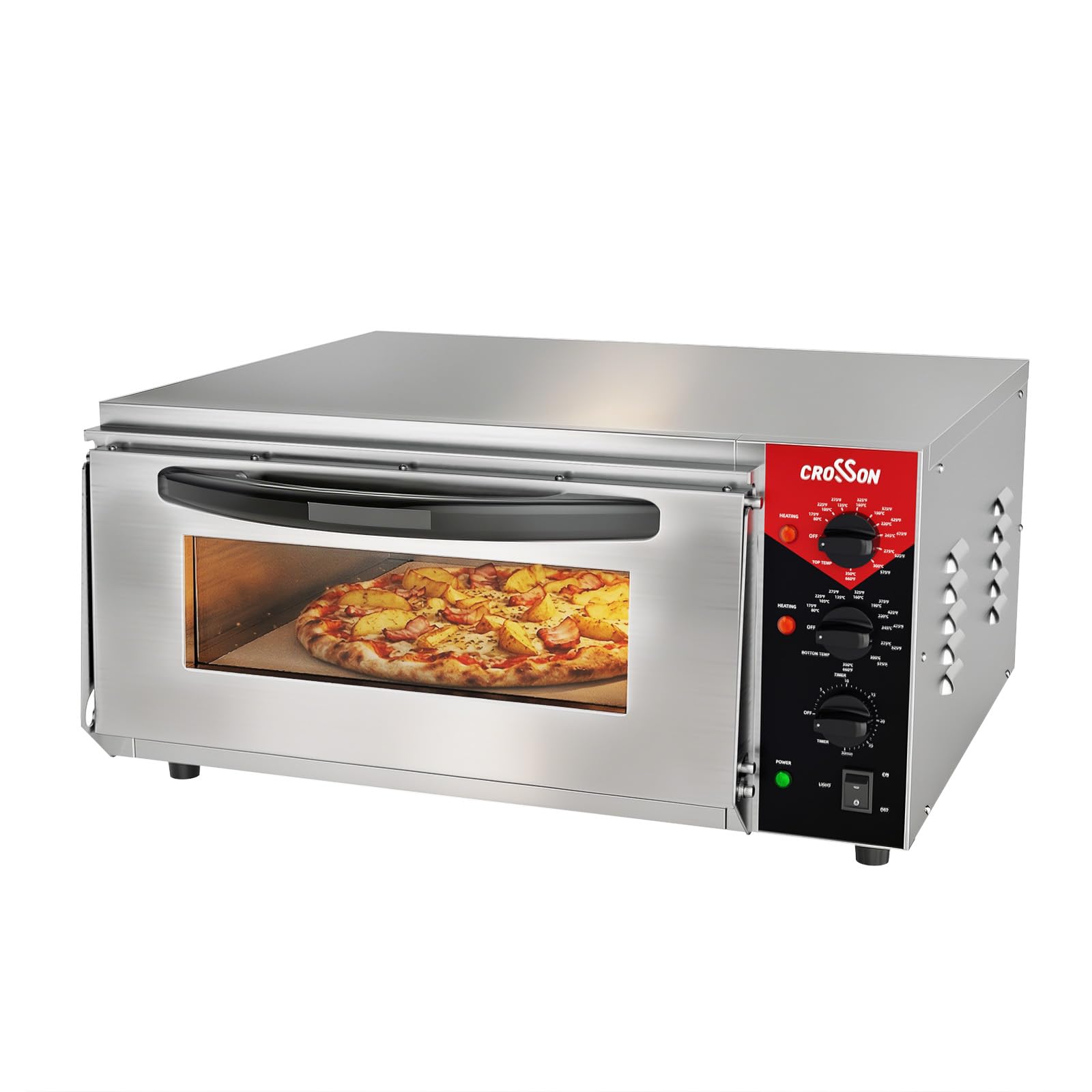 CROSSON Kommerzieller Pizzaofen Backofen mit 50 * 50CM Schamottstein,Elektrischer Pizzaofen aus Edelstahl Temperatur bis 350℃,30-Minuten-Timer,Innenbeleuchtung,3000W