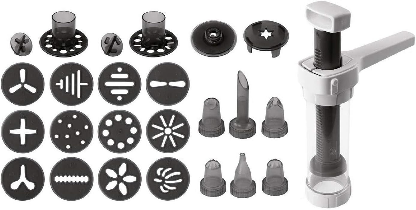 Dr. Oetker Gebäckpresse inkl. 12 Formscheiben und 6 Tüllen, Presse für Plätzchen, hochwertige Spritze für Dekorationen, Plätzchenpresse mit großem Füllvolumen (Farbe: Weiß/Grau)