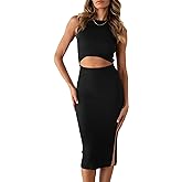 PRETTYGARDEN Women's Summer Midi Bodycon Dresses Casual Crew Neck Side Slit Sleeveless Knit Cut Out Tank Top Dress