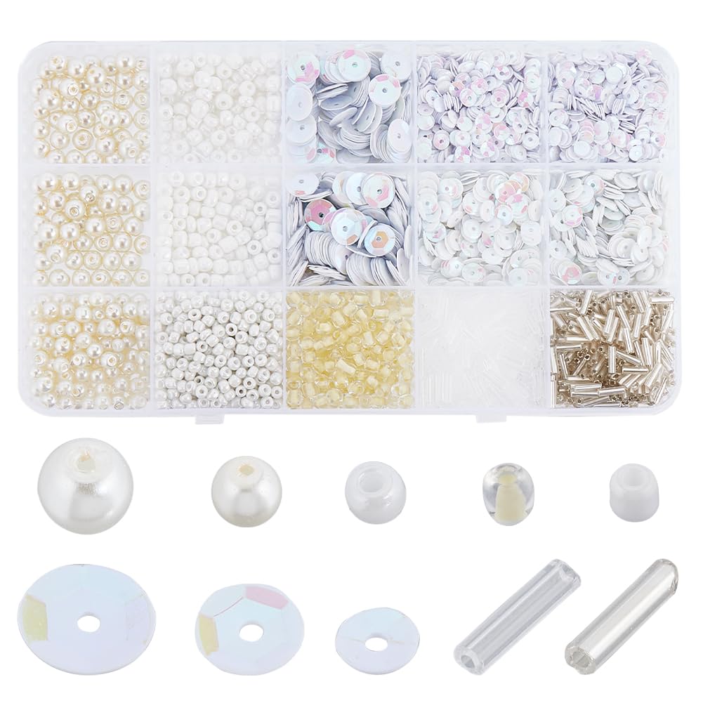 SUNNYCLUE Glass and Pearl Beads Sequins Kit with Bugle, Round, Plastic Paillette, Seed and Spacer for Jewellery Making, Necklace, Bracelet, Earrings, Craft DIY Supplies