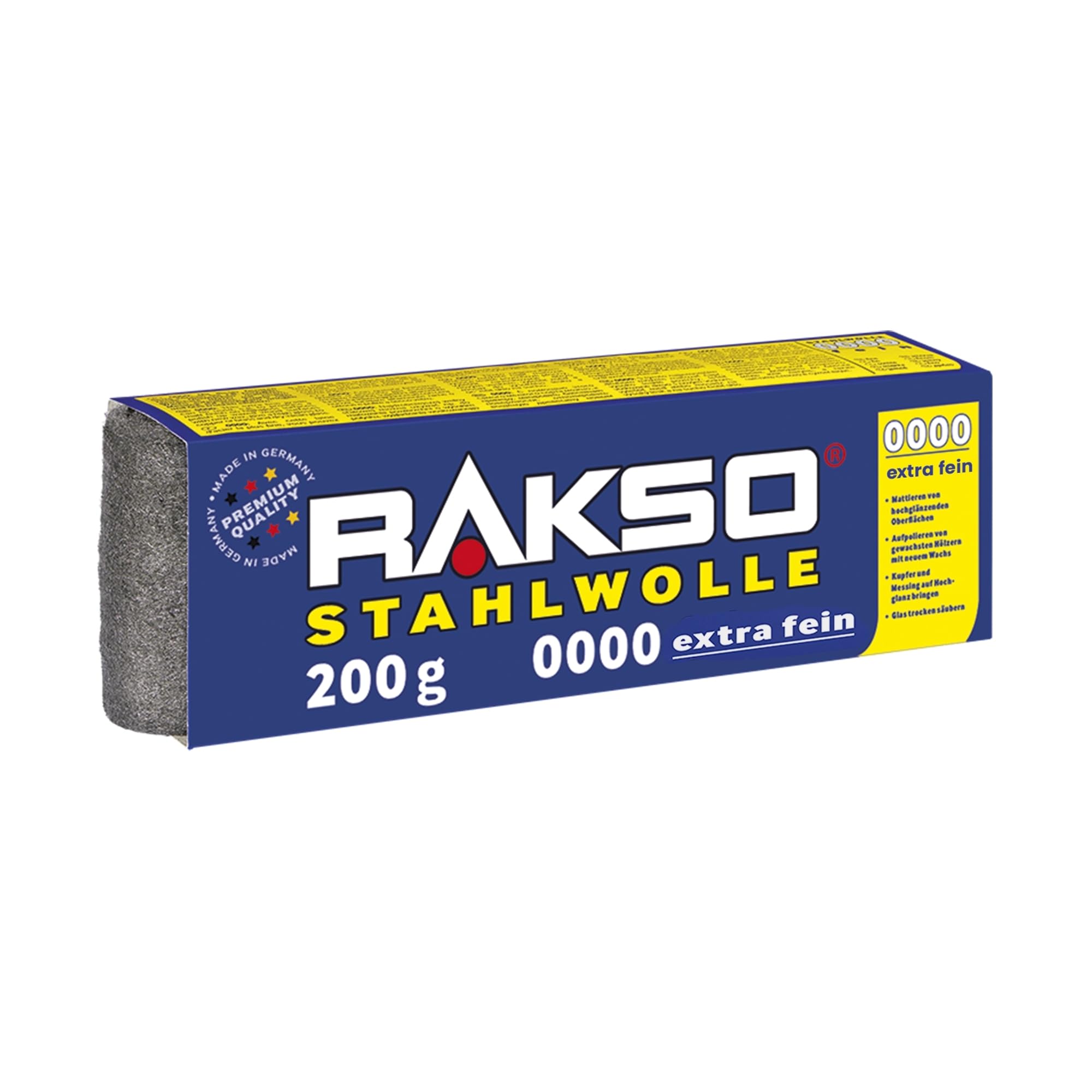 RAKSO Steel Wool Extra Fine 0000 | 200 g, 1 Banderole, Polished Waxed Wood, Copper, Brass, Matte Surfaces, Cleans Glass