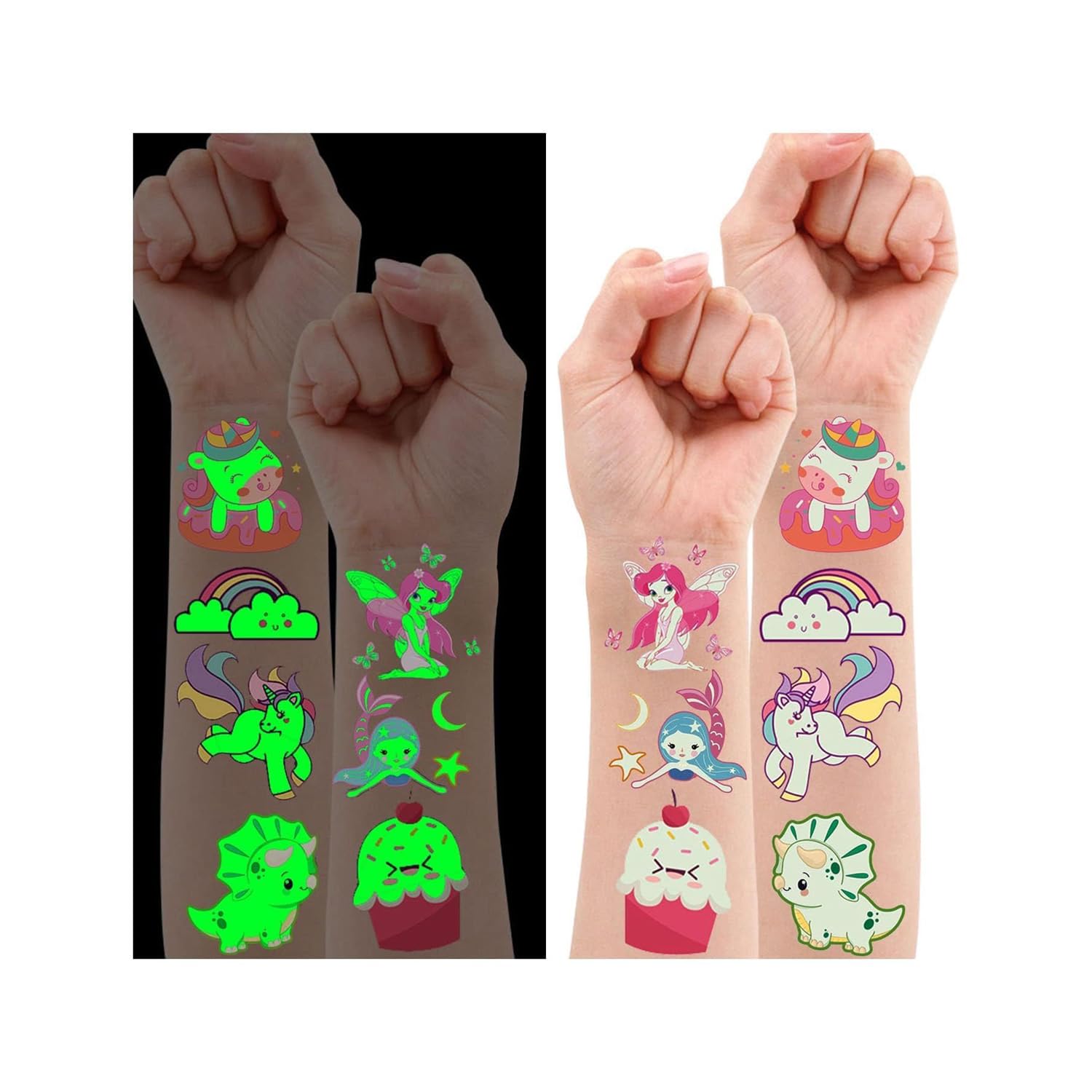 Leesgel 140 Styles(10 Sheets) Luminous Tattoos for Girls Kids, Girls Party Bag Fillers Temporary Tattoo Stickers with Dinosaur/Mermaid, Toys for Children Birthday Supplies Favors