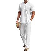 COOFANDY Men's 2 Pieces Cotton Linen Set Casual Short Sleeve Henley Shirts Beach Yoga Pants Summer Outfits