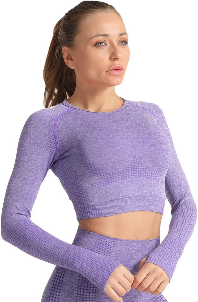 Womens Seamless Yoga Gym Crop Top Slim Fit Workout Running Shirts Long Sleeve with Thumbhole