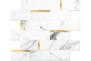 OYASIMI 10-Sheet Peel and Stick Backsplash for Kitchen Tiles,12''x12'' White Marble PVC Mixed Metal Stick on Backsplash Wall Tiles for Bathroom, Laundry Room