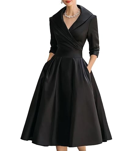 Vintage Inspired Satin Dress with Draped Collar Temperament Formal Waist Dress Slimming Elegant Long Sleeve Dress (X-Small,Black) : Clothing, Shoes & Jewelry