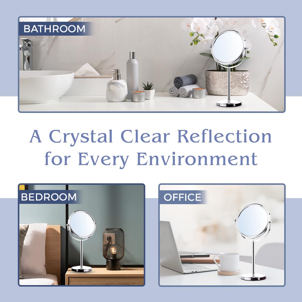 10X Magnifying Makeup Mirror on Round Stand for Tabletop, Bedroom Vanity Desk and Bathroom Counter - Free Standing Double Sided 10X/1X Magnification Mirror - 7