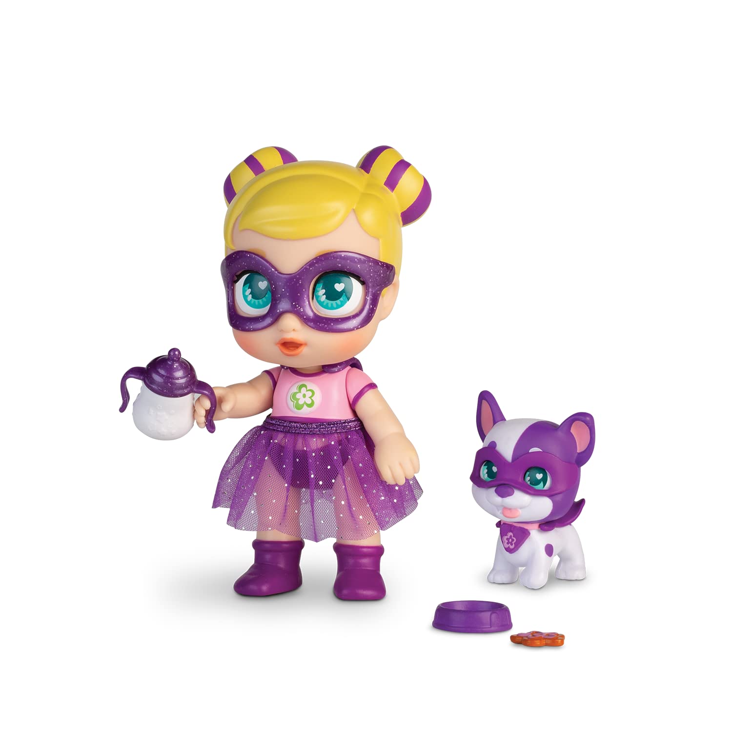 Super Cute Mini Glitzy Cool Doll with Puppy - Sofi & Wanda, 12cm articulated doll with puppy, superhero outfits & accessories, suitable for ages 4 years and older