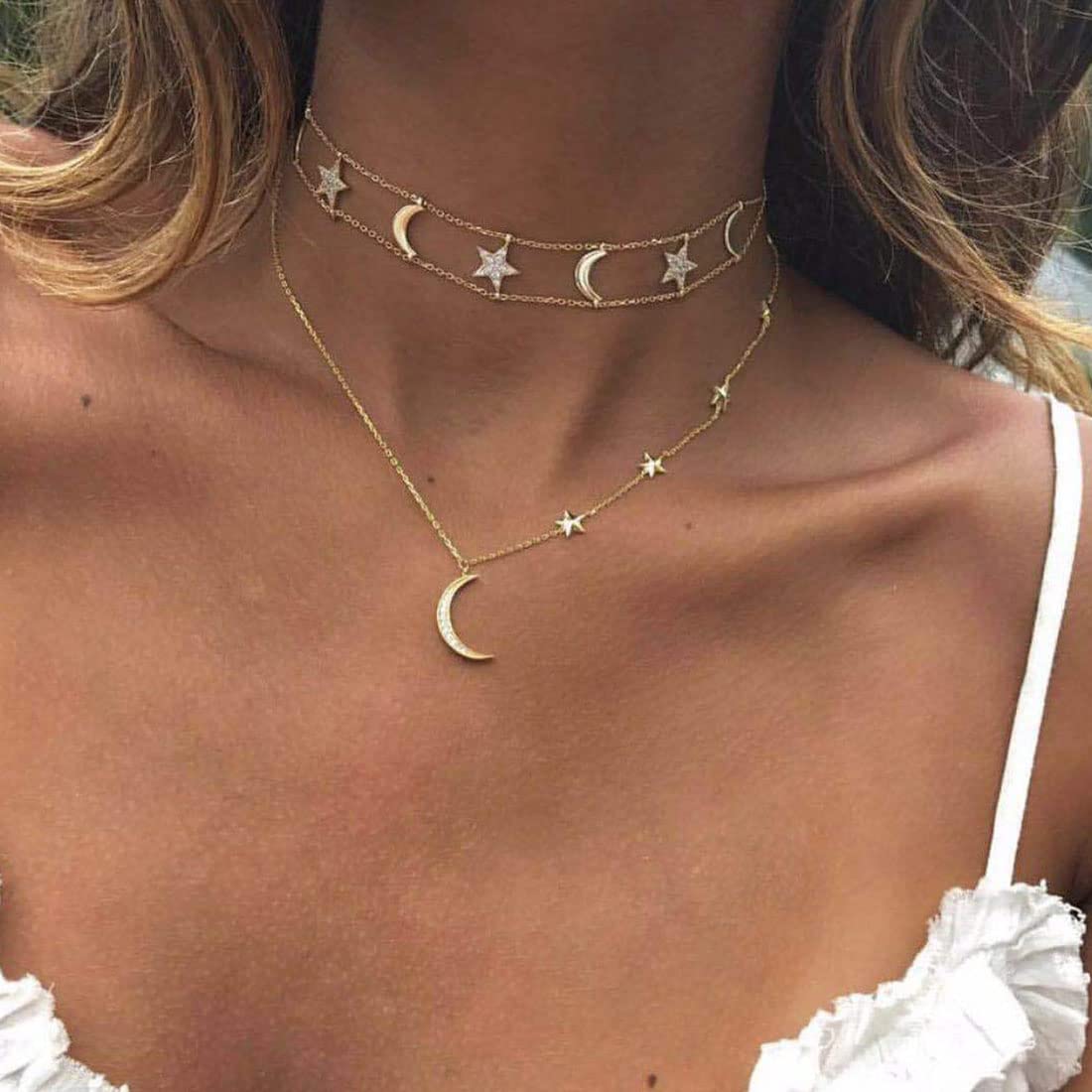 Wedity Boho Multilayer Star and moon Necklaces Gold Crystal Choker Necklace Crescent Pendant Necklaces Jewelry Adjustable for Women and Girls