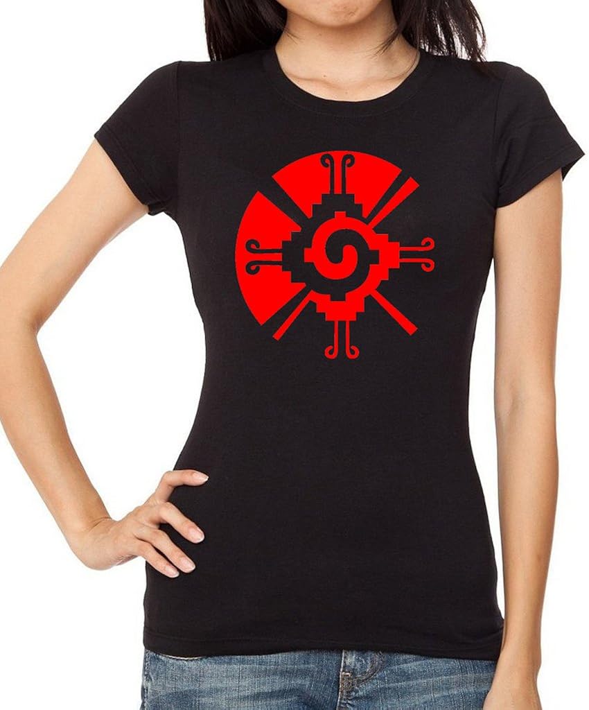 Amazon Red Tribal Aztec Sun Symbol Tee V387 Junior s Black T Shirt 