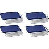 Pyrex 7210 3-Cup Glass Dish &amp; 7210-PC Dark Blue Lid (4-Pack) - Made in USA | Tempered Container | BPA Free Cover | Secure Seal | Refrigerator Safe | Freezer Compatible | Easy Cleaning