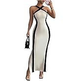 GORGLITTER Women's Open Back Bodycon Maxi Dress Halter Neck Side Split Color Block Crisscross Pencil Party Long Dress