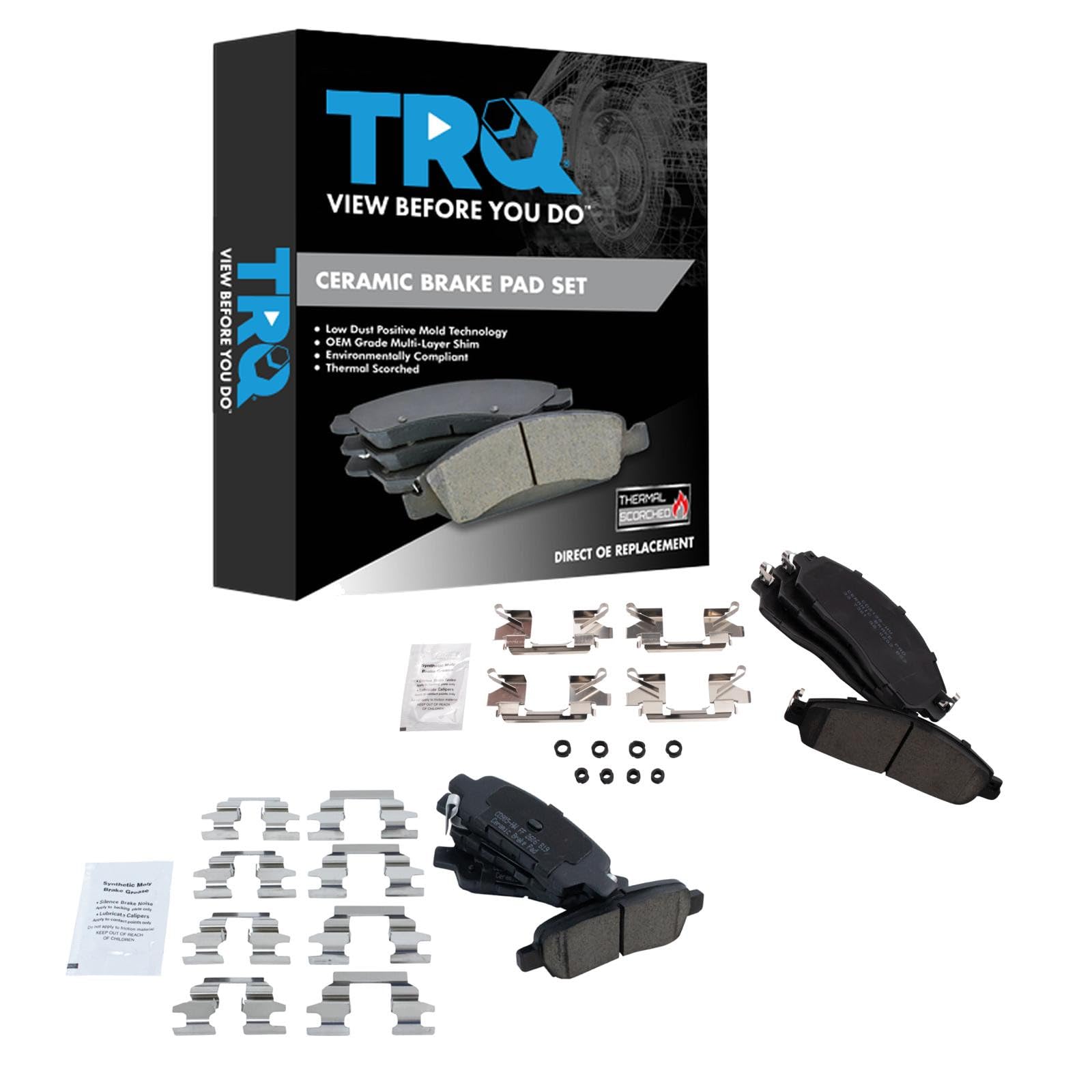 TRQ Front and Rear Brake Pad Set Ceramic Hardware Compatible with 2018-2021 Nissan LEAF Image