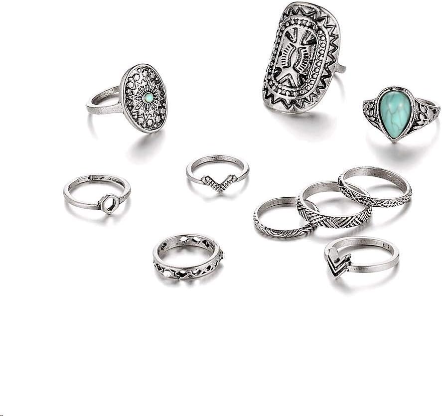 Setita 10 Pieces Stylish Turquoise Joint Knuckle Nail Midi Ring Set Boho Ring Set, Ancient Silver